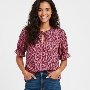 J. Crew Pink Floral Peasant Boho Ruffle Sleeve Blouse Women's S Cottagecore Pink